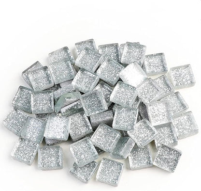 Mosaic Tiles,Glass Tiles, Shine Crystal Mosaic Glass Pieces Bulk Square Glitter Crystal Mosaic Tiles for Home Decoration or DIY Crafts 200g,1x1 cm,Siliver