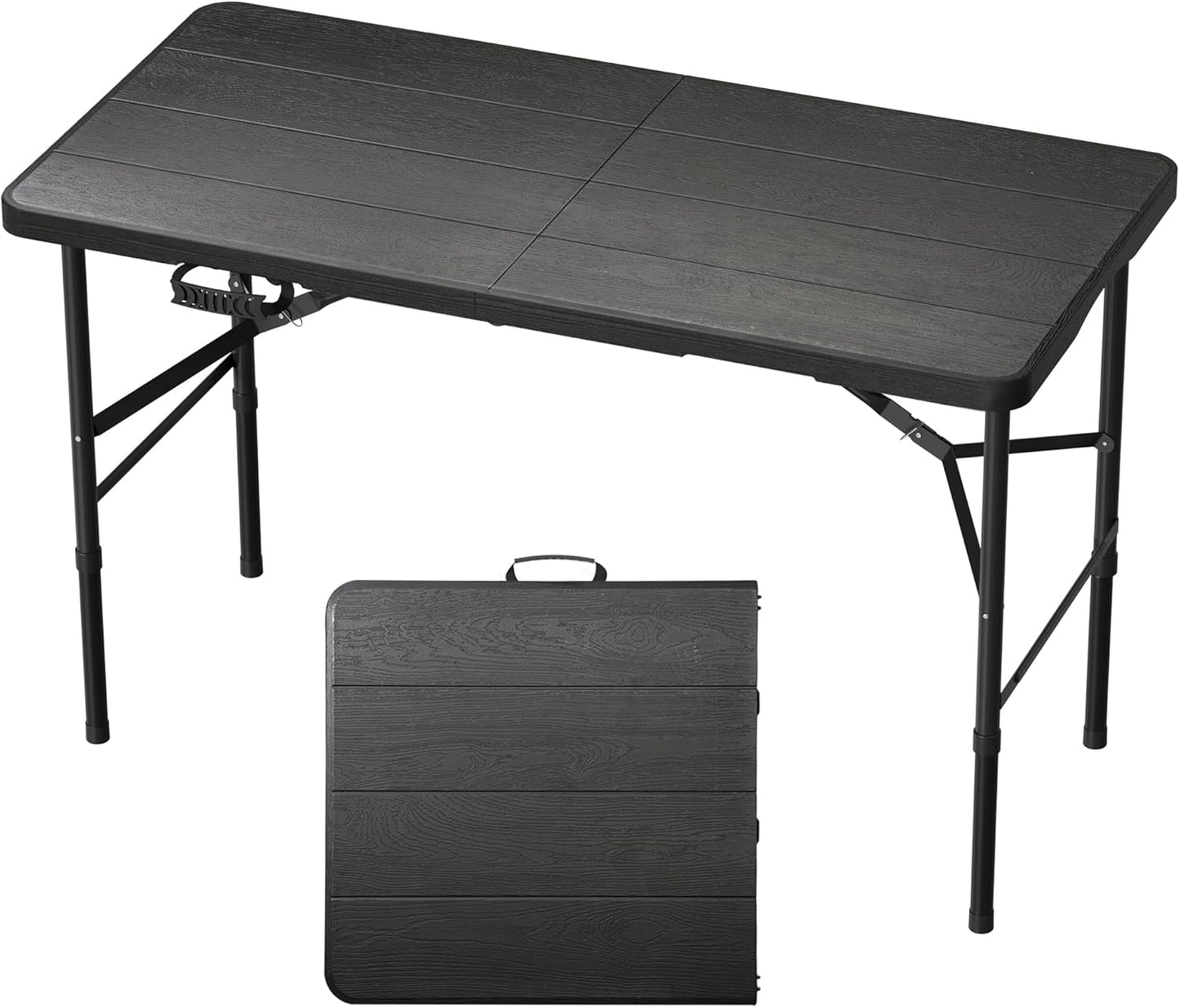 4Ft Folding Table Adjustable Height Portable Folding Tables Heavy Duty 400 lbs Capacity, Wood Grain Tabletop for Working Meeting Parties, Picnic, Camping, Weddings, Garden Dining-Black