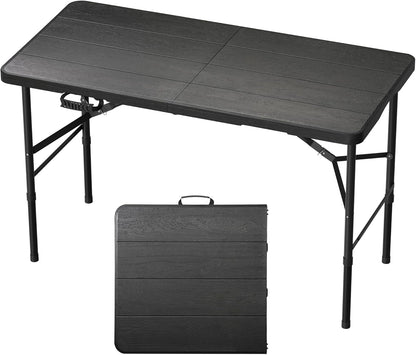 4Ft Folding Table Adjustable Height Portable Folding Tables Heavy Duty 400 lbs Capacity, Wood Grain Tabletop for Working Meeting Parties, Picnic, Camping, Weddings, Garden Dining-Black
