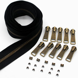 #5 Antique Brass Metal Zippers by The Yard Bulk 2 Yards Black Tape with 10 pcs Sliders Handmade Zipper for Sewing Craft Bag Backpack, Wallets, Purses Leekayer
