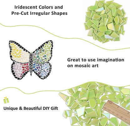 Youway Style Iridescent Green Glass Mosaic Tiles for Crafts Bulk,200g Broken Stained Glass Pieces for Crafts DIY Mosaic Art Decor