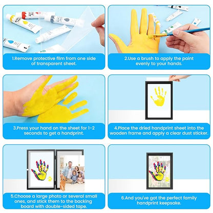 Family Handprint Kit - DIY Baby Hand and Footprint Keepsake with Wooden Frame, 6 Non-Toxic Washable Paints | Unique Gift for New Parents, Mother's Day, Father's Day, Anniversary Gift Idea (Black)