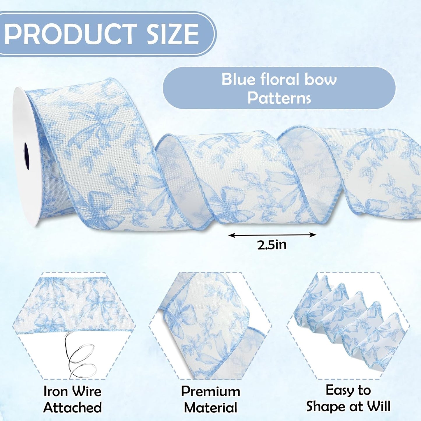 Blue Floral Bow Wired Edge Ribbon Chinoiserie Flower Bowknot Fabric Ribbon for DIY Crafts Wreath Bow Making Supplies, 12 Yard - Crafty Corner
