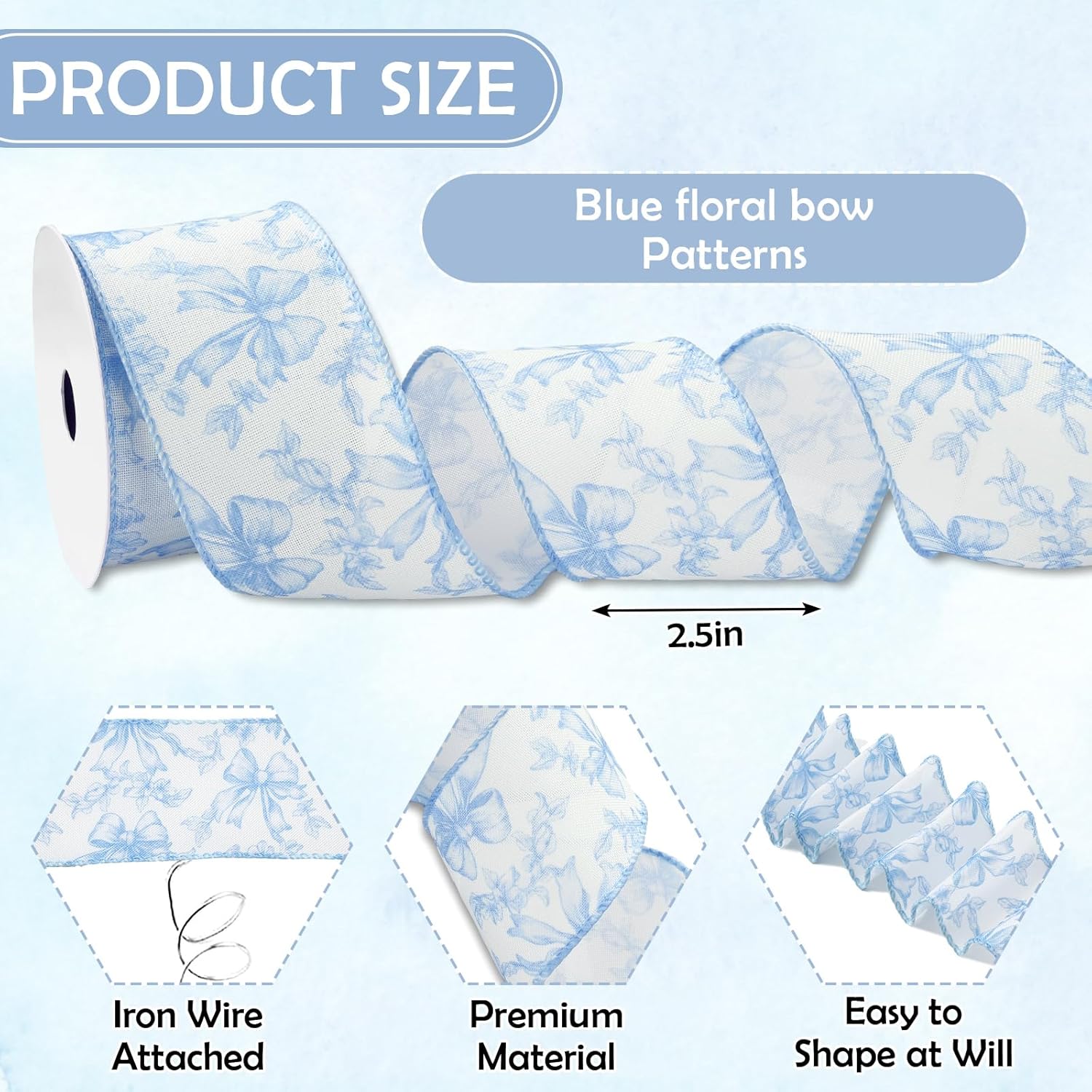 Blue Floral Bow Wired Edge Ribbon Chinoiserie Flower Bowknot Fabric Ribbon for DIY Crafts Wreath Bow Making Supplies, 12 Yard - Crafty Corner