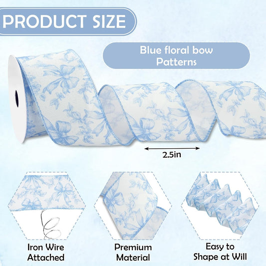 Blue Floral Bow Wired Edge Ribbon Chinoiserie Flower Bowknot Fabric Ribbon for DIY Crafts Wreath Bow Making Supplies, 12 Yard - Crafty Corner