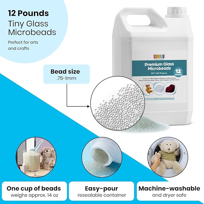 Bright Creations Glass Microbeads 12 lbs – Premium Micro Glass Beads for Weighted Blankets, DIY Crafts, Stuffed Animals & Dolls – Crystal Clear Filler Beads with Reusable Storage Container