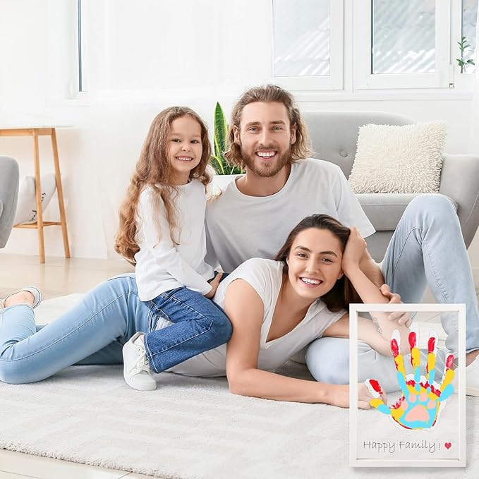 DIY Hand Footprint Art Craft Kit for New Parents Wooden Frame Family Handprint Kit with 6 Baby Safe Colors Paints Family Hands Down Keepsake Gifts for Mother's Day Father's Day Home Handprint Decor