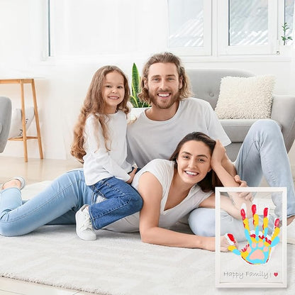 DIY Hand Footprint Art Craft Kit for New Parents Wooden Frame Family Handprint Kit with 6 Baby Safe Colors Paints Family Hands Down Keepsake Gifts for Mother's Day Father's Day Home Handprint Decor