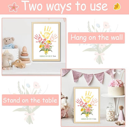 QOUBAI Flower Bouquet Handprint Art Craft DIY Kit Mother's Day Gifts from Daughter or Son Children Adults Handprint Keepsake for Mom Grandma Birthday Gifts Christmas (12X16in, with Wood Frame)