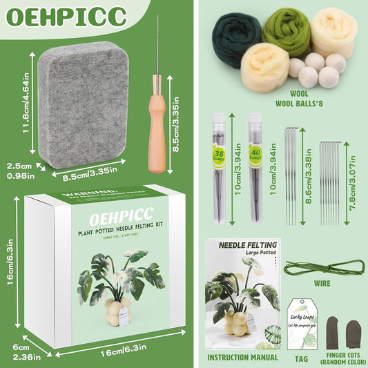 OEHPICC Needle Felting Kit for Beginners, Monstera Potted Plant Felt Kit, Wool Felting Kit with Felting Needles, Felting Pad and Instructions, Perfect for Office Indoor Greenery Present Idea