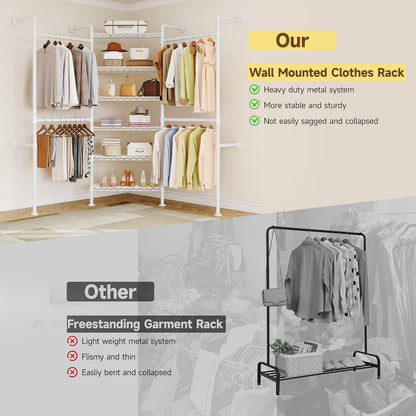 L3 Industrial Pipe Closet Organizer System, Wall Mounted Clothes Rack Clothing Racks with 4 Telescopic Rods & 6 Shelves , Heavy Duty Closet System in Wardrobe Closet (White)