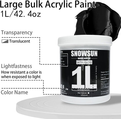 SNOWSUN Charcoal Black Acrylic Paint, 2 Pack 1 L /42.4 oz Large Bulk Acrylic Paints, Gloss Non-Toxic Heavy Body Paints - Thick Art Paints for Multi-Surface Canvas Wood Ceramic Fabric Wall- Ideal for Artists & Beginners