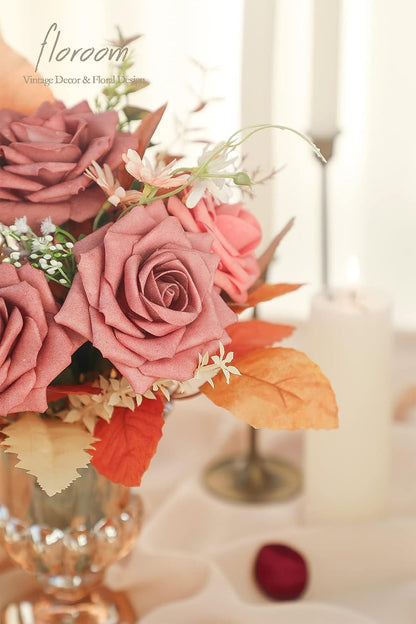 Floroom Artificial Flowers 16pcs 3.5" Real Looking Dusty Rose Foam Fake Hybrid Tea Roses with Stems for DIY Wedding Bouquets Bridal Shower Centerpieces Floral Arrangements Party Tables Home Decoration