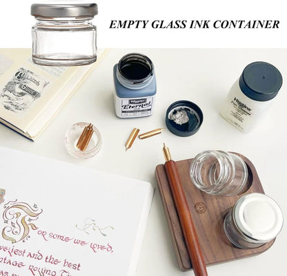 10Pcs Mini Glass Inkwell Ink Bottle Containers with Screw Lids for Calligraphy Oblique Nib Holder Stand Empty Dip Pen Ink Well Jars Desktop Decoration School Gifts(25ml)
