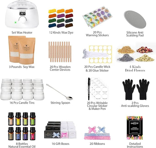 SAEUYVB Complete Candle Making Kit, Candle Making Kit for Adults with Hot Plate, DIY Starter Candle Making Supplies/Kit - Perfect as Home Decorations(White)