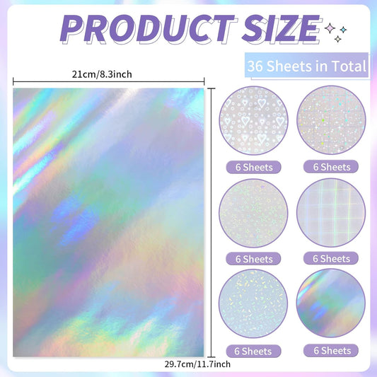 36 Sheets Holographic Sticker Paper,Holographic Laminate Sheets,A4 Size Clear Vinyl Sticker Sheets Self-Adhesive Rainbow Overlay Sheets with 6 Styles Mixed,11.7 x 8.3 Inches