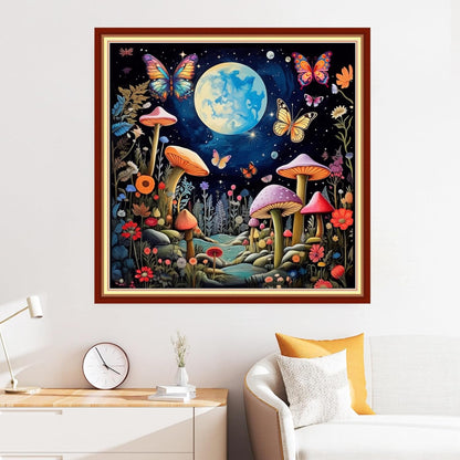 Disxvivy Cross Stitch Stamped Full Embroidery Kits DIY 11CT Cotton Thread Printed DIY Needlepoint Kits Craft Needlework Set Cross-Stitch Stamped Sets-Moon Mushroom 18x18 inch