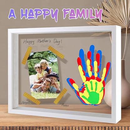 Family Handprint Keepsake Frame Kit with Photo Display – DIY 3D Floating Layered Design for Mom, Dad and Baby – Safe Non-Toxic Paint Set for Footprints – Perfect Baby Shower Gifts, New Parents Couples Keepsake, Home Decor 13.1x9.6 Inch (White)