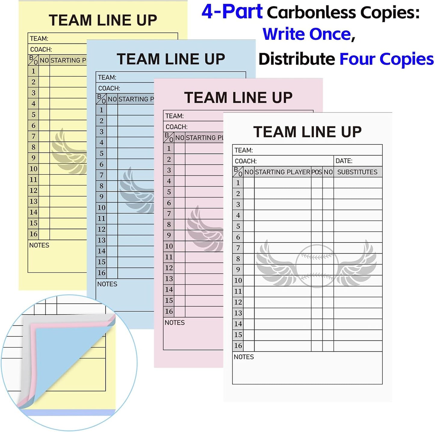 30/60/120/180 Baseball Lineup Cards with 4-Part Carbonless Copies, 4.53 x 7.87 Inch 16 Player Roster Sheets for Games, Softball Line up Coaching Accessories for Coaches and Umpires