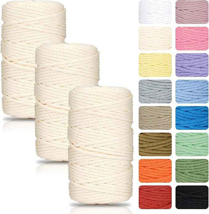 Macrame Cord 3mm x 164 Yards, 3 Rolls Beige Colored Macrame Cotton Cord Rope Kit Macrame Yarns Bulk String 4 Strands Twisted for Wall Hanger Plant Hanging DIY Crafts Knitting Macrame Supplies
