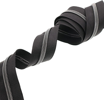 Leekayer #5 Black Nickel Metallic Nylon Coil Teeth Zippers by The Yard Bulk 10 Yards Black Zipper Tape with 25pcs Black Nickel Ring Pull Sliders for DIY Sewing Tailor Craft Bag(Black)