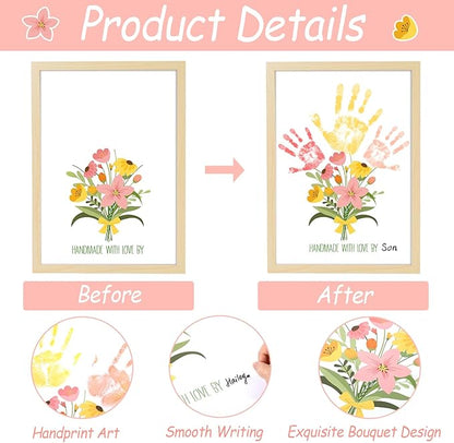 QOUBAI Flower Bouquet Handprint Art Craft DIY Kit Mother's Day Gifts from Daughter or Son Children Adults Handprint Keepsake for Mom Grandma Birthday Gifts Christmas (12X16in, with Wood Frame)