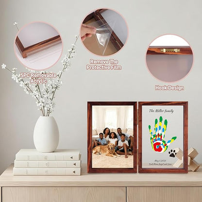 Family Handprint Kit, DIY Baby Hand and Footprint Handmade Keepsake Wooden Frame, Family Gifts with 6 Non-Toxic Baby-Safe Paint, Ideas Gift for New Parents, Grandparents, Father's Day, Mother's Day