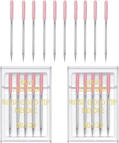 YICBOR Sewing Machine Needles, Universal Regular Point Flat Shank Sewing Needles HAX1 130/705H Compatible with Singer, Brother, Janome, Pfaff and Other Brand Sewing Machine (Rose Gold Size 20-2pack)