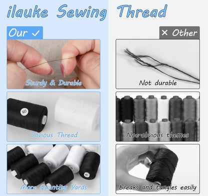 ilauke Sewing Thread, 12 Spool All Purpose Polyester Thread, Each 1000 Yards Sewing Thread for Hand Sewing,Quilting,Sewing Machine, 2 x White & 2 x Black