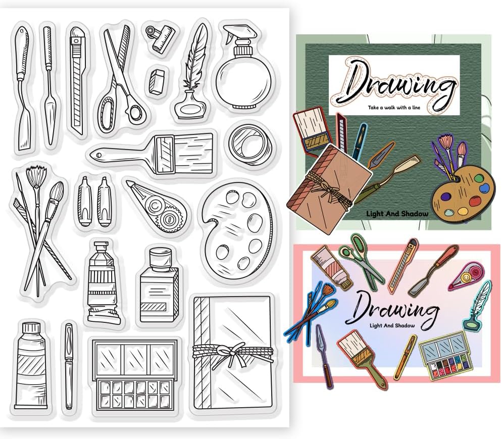 Painting Tools Clear Stamp for Scrapbooking Paint Brush Silicone Clear Stamp Pen Spatula Palette Rubber Transparent Seal Stamps for DIY Handbook Card Making Photo Album Journal Decoration - Crafty Corner