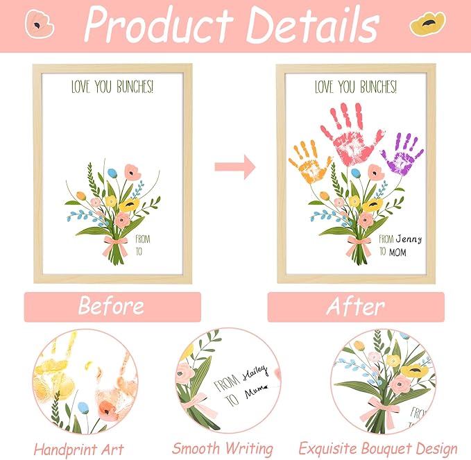 QOUBAI Colorful Flower Bouquet Handprint Art Craft DIY Kit Mother's Day Gifts From Daughter or Son Fun Family Handprint Keepsake with Wood Frame for Mom Grandma Birthday Christmas 12x16 Inch