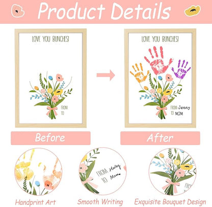 QOUBAI Colorful Flower Bouquet Handprint Art Craft DIY Kit Mother's Day Gifts From Daughter or Son Fun Family Handprint Keepsake with Wood Frame for Mom Grandma Birthday Christmas 12x16 Inch