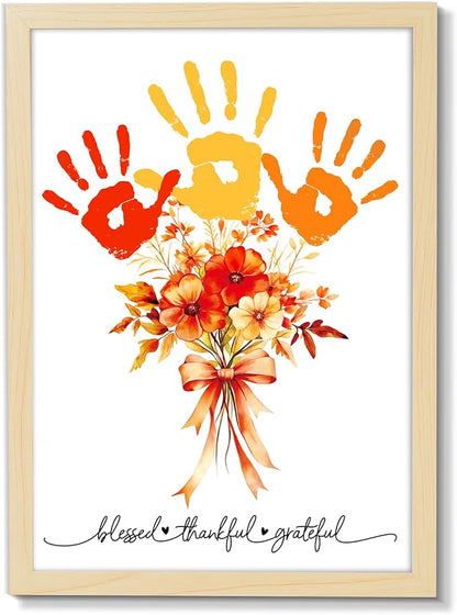 Fall Thanksgiving Flower Bouquet Handprint Art Craft DIY Kit Thanksgiving Day DIY Gifts Fall Thankful Family Handprint Art Keepsake with Wood Frame for Mom Dad Friend Holiday Birthday 12x16 Inch