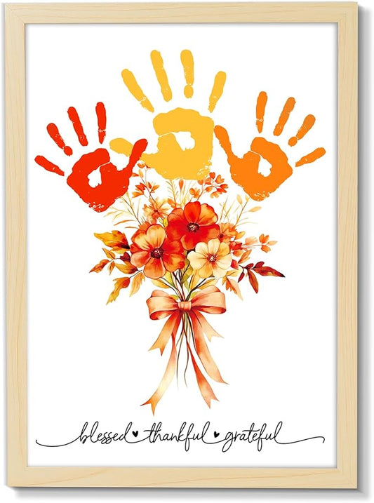 Fall Thanksgiving Flower Bouquet Handprint Art Craft DIY Kit Thanksgiving Day DIY Gifts Fall Thankful Family Handprint Art Keepsake with Wood Frame for Mom Dad Friend Holiday Birthday 12x16 Inch