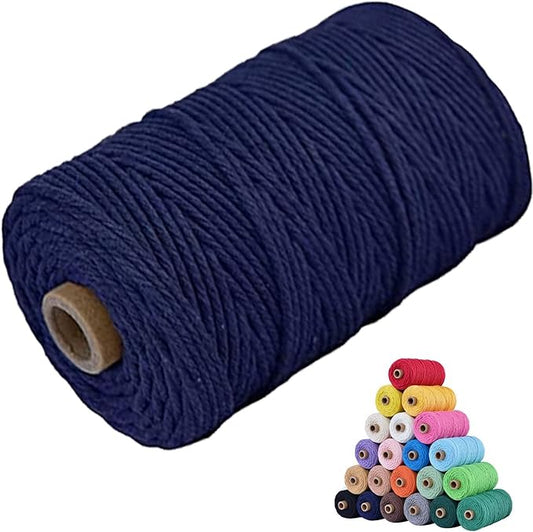 Natural Cotton Macrame Cord 3mm x 109yards - Colored 2mm/3mm/4mm/5mm/6mm Twisted Yarn, Soft Craft Rope Supplies (Dark Blue, 4mm*109Yards)