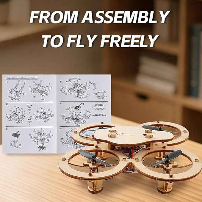 DIY Wooden RC Drone Kit for Beginners, Educational Flying Quadcopter Model, Remote Control Assembly, Creative Building Blocks Aircraft (1pcs)