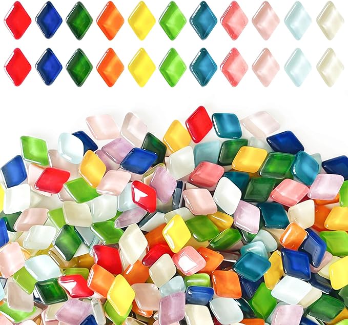 LITMIND Mosaic Tiles for Crafts Bulk, 1.1 LB Crystal Glass Mosaic Pieces, Diamond Shape Rainbow Mix for DIY Art Projects