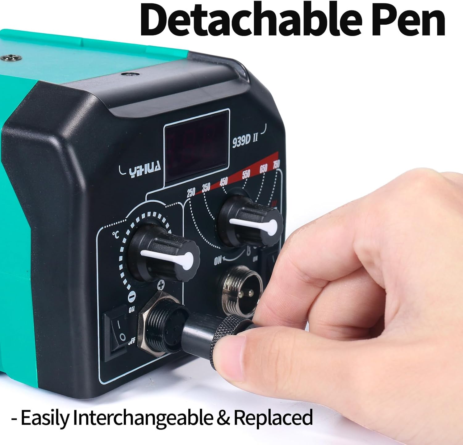 YIHUA 939D-II Pyrography Pen Wood Burning Kit Station 2-in-1 Solid-Point 200~480°C (with Temp Display)/Wire-Nib 250~750°C with 20 Nibs, Solid Points, 1 Stable Pen Holder, 2 Scrap Wood (Green) - Crafty Corner