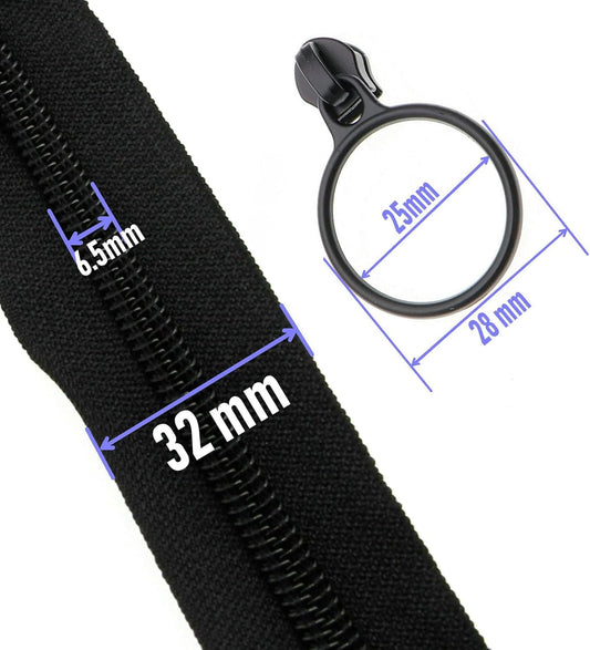 Leekayer #5 Black Nylon Coil Zippers by The Yards Bulk 10 Yards with 25pcs Black Ring Pull Sliders for DIY Tailor Sewing Craft,Luggage,Dress,Sofa Cushion,Pillow,Bag