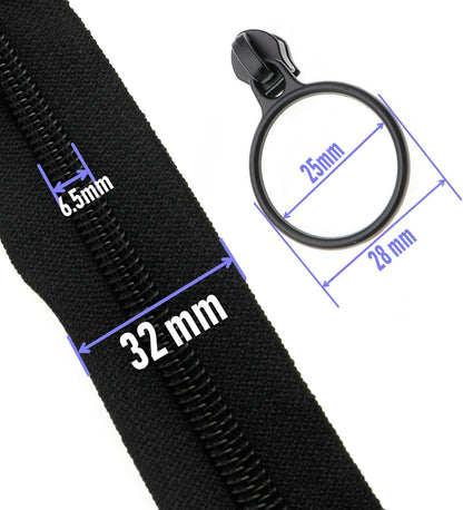 Leekayer #5 Black Nylon Coil Zippers by The Yards Bulk 10 Yards with 25pcs Black Ring Pull Sliders for DIY Tailor Sewing Craft,Luggage,Dress,Sofa Cushion,Pillow,Bag