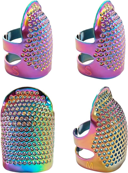FR 4 Pack (2 Sizes, S/M) Sewing Thimble Finger Protector, Adjustable Finger Metal Shield Protector Pin Needles Sewing Quilting Craft Accessories DIY Sewing Tools Needlework Dazzle