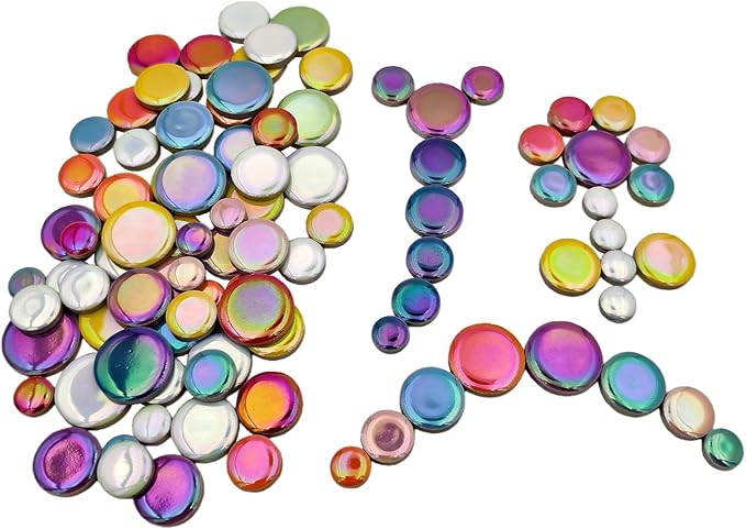 200g Iridescent Round Mosaic Tiles for Crafts Bulk, 11mm-23mm 4 Size Circular Mosaic Ceramic Pieces for Vases, Garden Decor, DIY Mosaic Making (Multicolor)