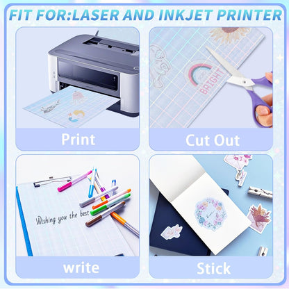 20 Sheets Printable Holographic Sticker Paper,11 x 8.5 Inches Printable Waterproof Paper Rainbow Vinyl Sticker Paper for Inkjet or Laser Printer（Laser square）