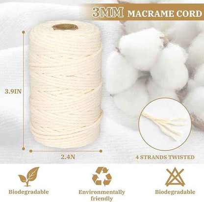 Macrame Cord 3mm x 164 Yards, 3 Rolls Beige Colored Macrame Cotton Cord Rope Kit Macrame Yarns Bulk String 4 Strands Twisted for Wall Hanger Plant Hanging DIY Crafts Knitting Macrame Supplies