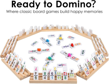 Mexican Train Dominoes Set Double 12 Colored Number Dominos with 8 Wooden Racks & 91 Tiles Portable Travel Case Classic Family Board Game Cognitive Strategy Game for Adults Kids