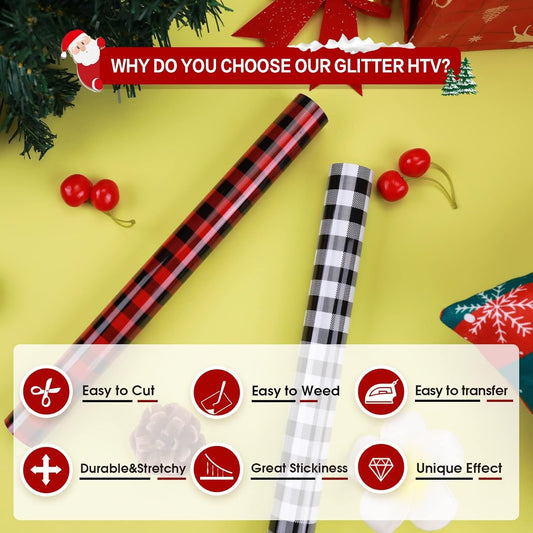 HTVRONT Christmas HTV Vinyl Rolls Heat Transfer Vinyl - 12" x 8ft Buffalo Plaid HTV, Iron on Vinyl for T Shirt and Christmas Decorations (Red and Black Plaid)