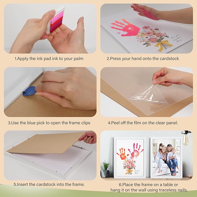Bixinyo Flower Bouquet Handprint Kit, Mother's Day Gifts for Grandma, Mom, Grandparents from Daughter/Kids, Unique Gifts for Birthday Christmas, DIY Art Craft 12" X 16" Frame (Bow, White)