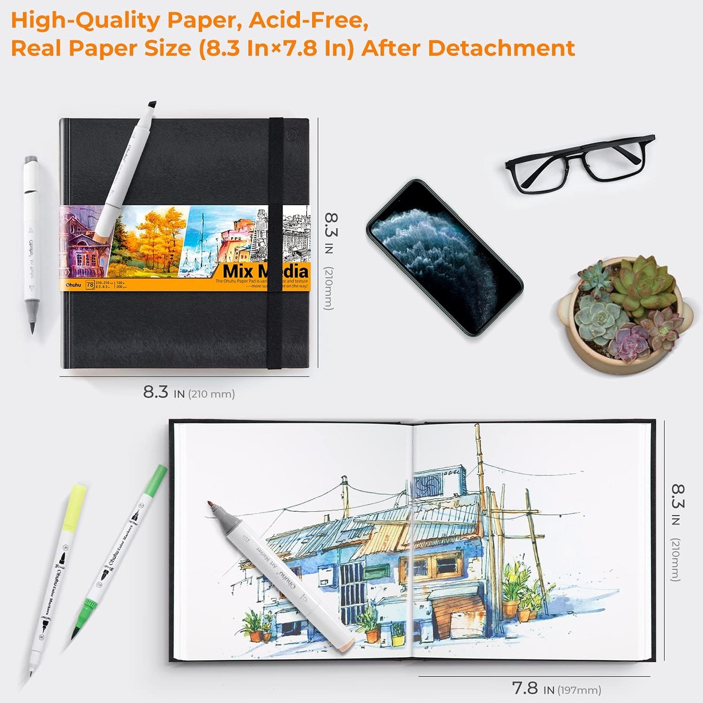 Ohuhu Mix Media Pad - 8.3"x8.3" Mixed Media Art Sketchbook, 120 lb/200 GSM Heavyweight Papers, 78 Sheets/156 Pages, PU Hardcover Mixed Media Paper Pad for Acrylic Painting Christmas Gift - Crafty Corner