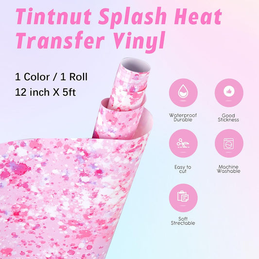 Tintnut Splash Heat Transfer Vinyl Roll - 12 Inch x 5ft Pink and White Watercolor Ink Patterned HTV Splatter Iron On Vinyl DIY T-Shirts Hats Clothes Canvas Bags for Cricut or Silhouette Cameo