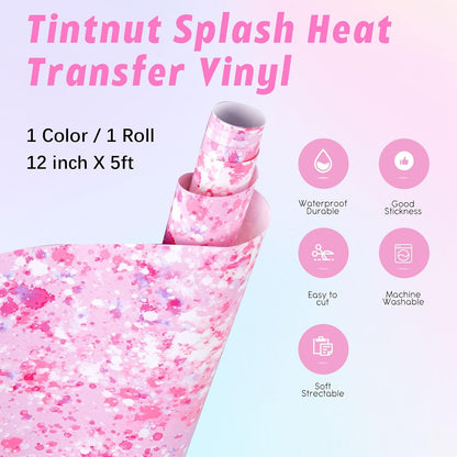 Tintnut Splash Heat Transfer Vinyl Roll - 12 Inch x 5ft Pink and White Watercolor Ink Patterned HTV Splatter Iron On Vinyl DIY T-Shirts Hats Clothes Canvas Bags for Cricut or Silhouette Cameo